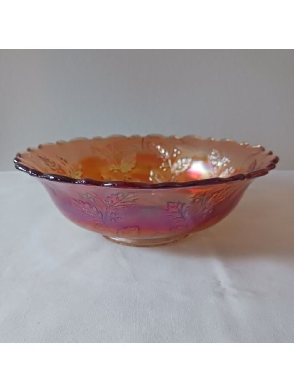 Vintage Fenton Glass Carnival Iridescent Holly Pattern 8" Bowl Scalloped Rim
